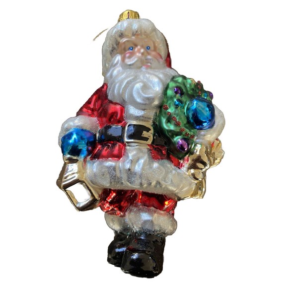 Brass Key Designs Santa Claus Blown Glass Christmas Tree Ornament Wreath - Picture 1 of 7